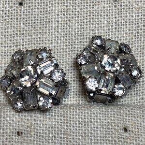 Weiss Vintage Clip-On Earrings Silver-Tone Clear Rhinestones Baguette Accents